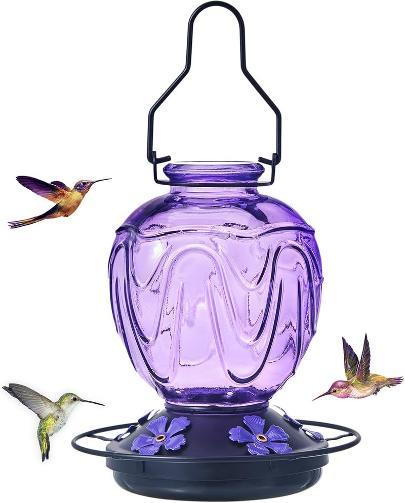 MCHBF Glass Hummingbird Feeder for Outdoors Hanging,24Ozs Humming Bird Nectar Feeder w/Perch,5 Flower Feeding Ports,Leak Proof Base and Hook for Outside Garden Backyard Decor, Gifts for Women Mom,Purple - Image 1